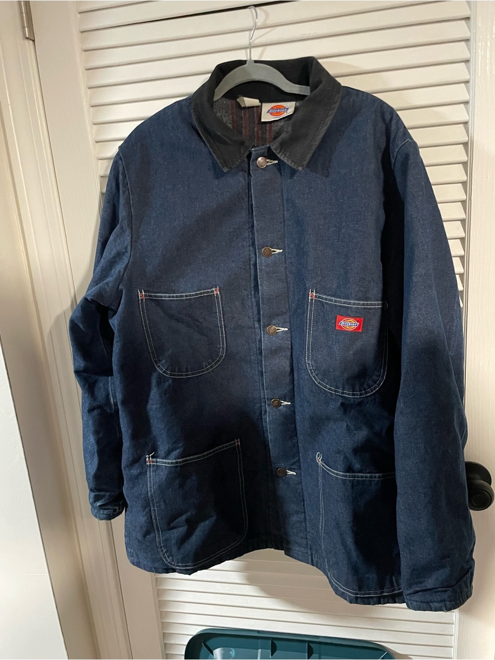 Dickies Men’s Navy Blue Denim Work Jacket with Black Corduroy Collar